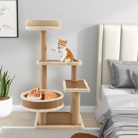 Cat Tower for Indoor Cats with Rattan Mat and Hanging Ball Toy