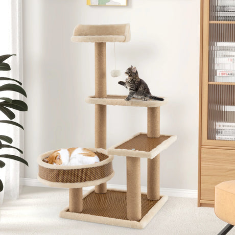 Cat Tower for Indoor Cats with Rattan Mat and Hanging Ball Toy