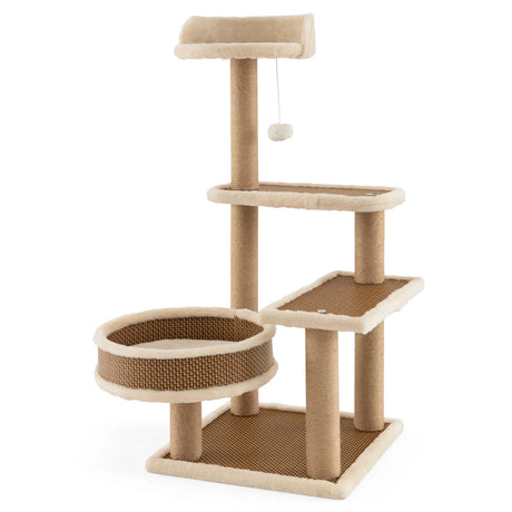 Cat Tower for Indoor Cats with Rattan Mat and Hanging Ball Toy