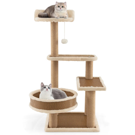 Cat Tower for Indoor Cats with Rattan Mat and Hanging Ball Toy