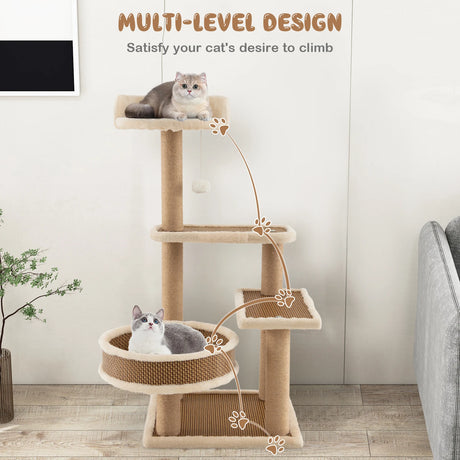 Cat Tower for Indoor Cats with Rattan Mat and Hanging Ball Toy