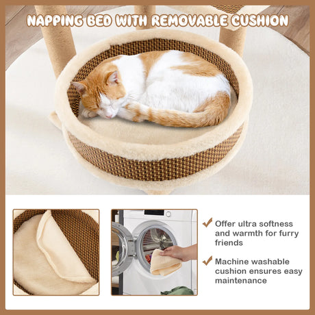 Cat Tower for Indoor Cats with Rattan Mat and Hanging Ball Toy