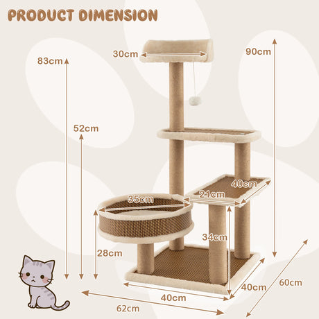 Cat Tower for Indoor Cats with Rattan Mat and Hanging Ball Toy
