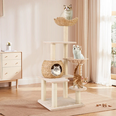 150cm Cattail Cat Tower with Sisal Scratching Posts-Beige