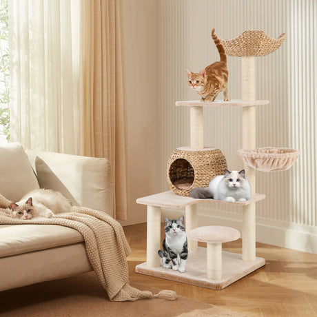 150cm Cattail Cat Tower with Sisal Scratching Posts-Beige