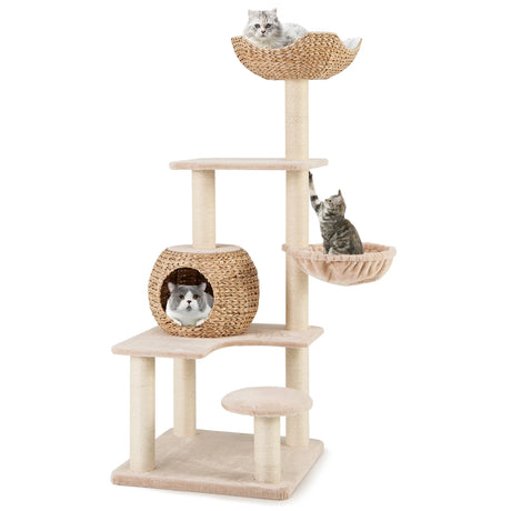 150cm Cattail Cat Tower with Sisal Scratching Posts-Beige