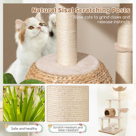 150cm Cattail Cat Tower with Sisal Scratching Posts-Beige
