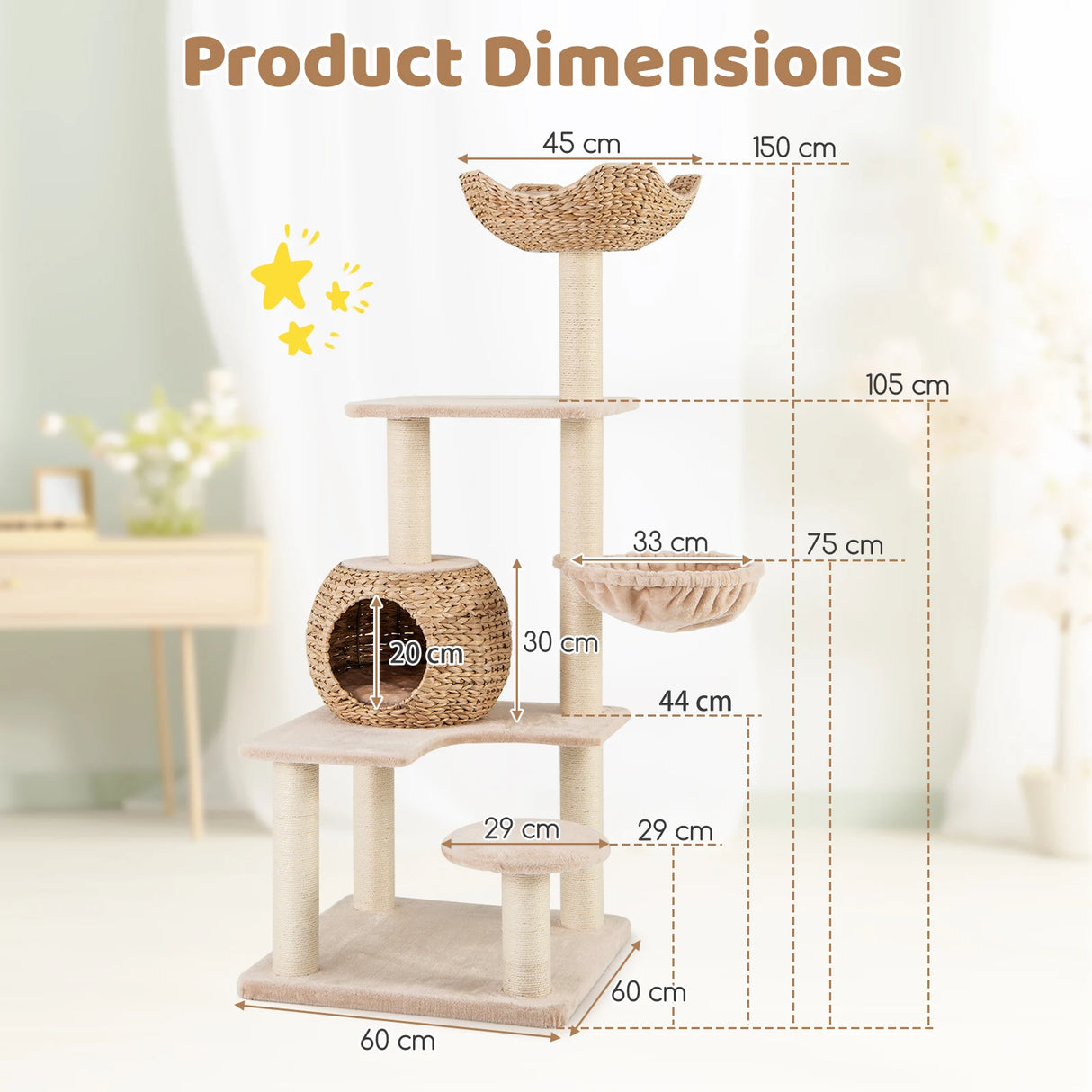 150cm Cattail Cat Tower with Sisal Scratching Posts-Beige