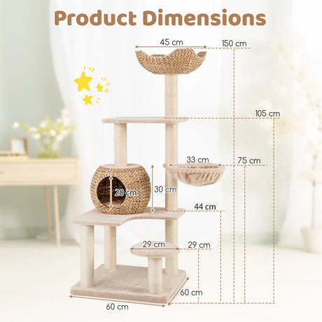 150cm Cattail Cat Tower with Sisal Scratching Posts-Beige