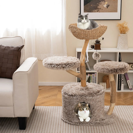 Multi-level Wood Cat Tree Tower Kitten Activity Center with Solid Trunk-Brown