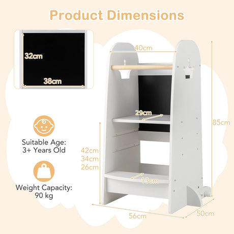 Kids Kitchen Tower Adjustable with Chalkboard and Safety Rail-White