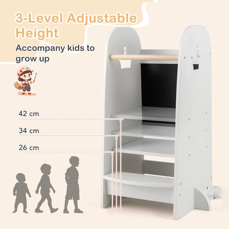 Kids Kitchen Tower Adjustable with Chalkboard and Safety Rail-White