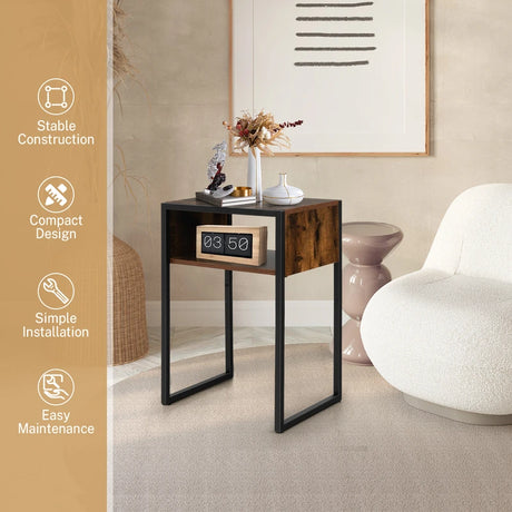 Industrial Beside Table with Open Storage Compartment