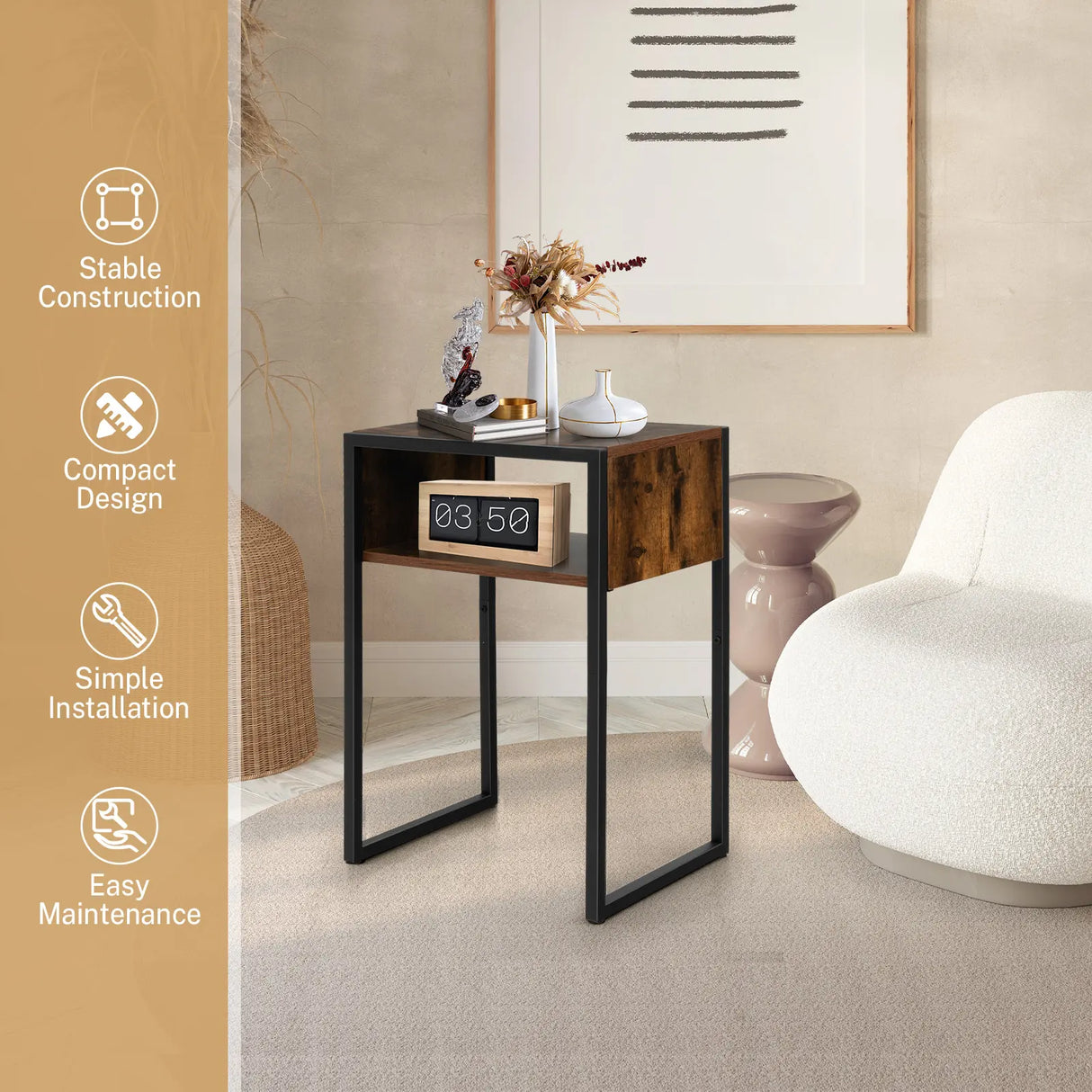 Industrial Beside Table with Open Storage Compartment