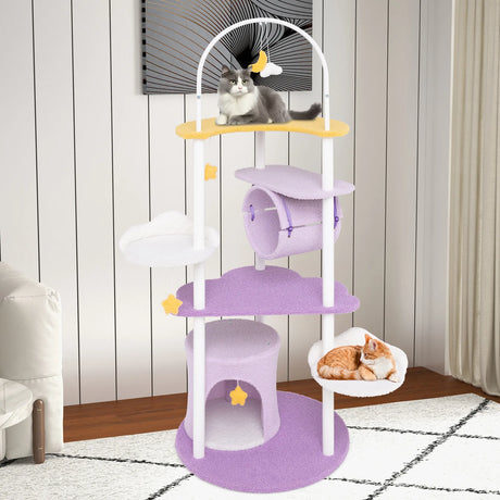 62 Inches Large Cat Tower with Metal Frame and Jumping Platforms-Purple