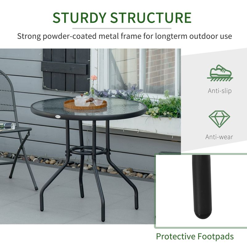 Outsunny Outdoor φ80cm Round Dining Table Tempered Glass Top Steel Frame Bistro Coffee End Side Table Garden w/ Parasol Hole