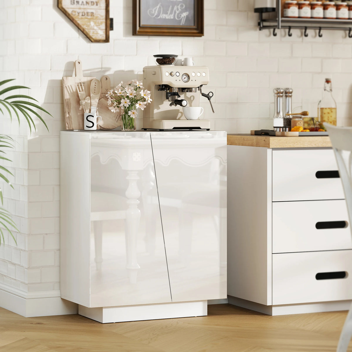 HOMCOM High Gloss Storage Cabinet, Freestanding Storage Cupboard with Adjustable Shelves for Living Room, Bedroom, Hallway, White