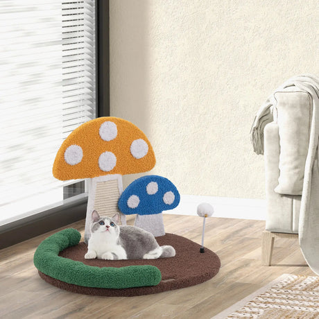 Mushroom Cat Bed Cat Claw Scratcher with Wide Bed and Sisal Scratch Panel-Multicolor