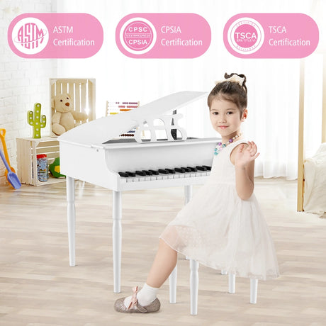 30-Key Wood Toy Kids Grand Piano with Bench and Music Rack-White