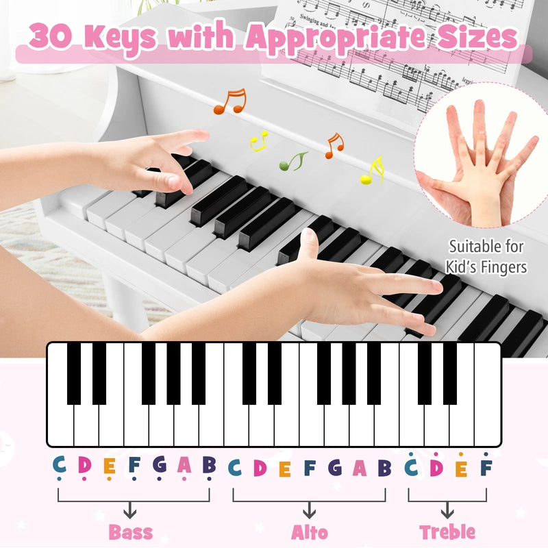 30-Key Wood Toy Kids Grand Piano with Bench and Music Rack-White