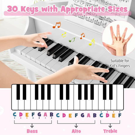 30-Key Wood Toy Kids Grand Piano with Bench and Music Rack-White