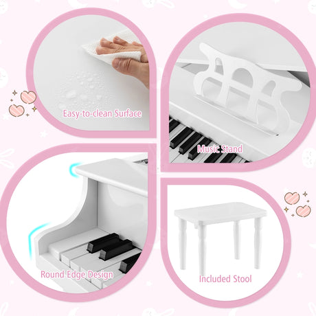 30-Key Wood Toy Kids Grand Piano with Bench and Music Rack-White
