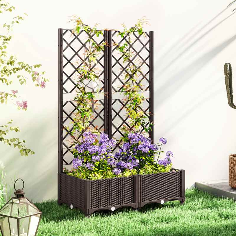 Outsunny Raised Garden Bed with Trellis, Plastic Planter Box with Drainage Holes and Drain Plugs for Climbing Plants, Vegetables, Flowers, Brown