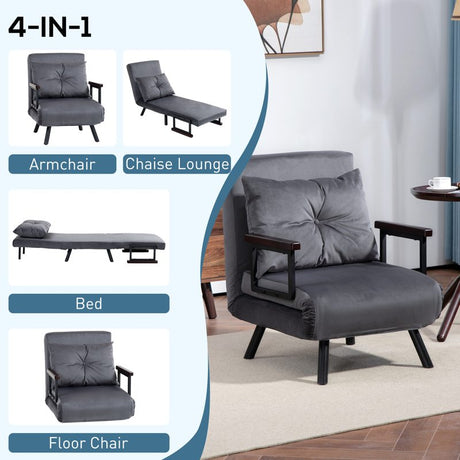 HOMCOM 4-in-1 Velvet-Feel Single Chair Bed, with Pillow - Charcoal Grey