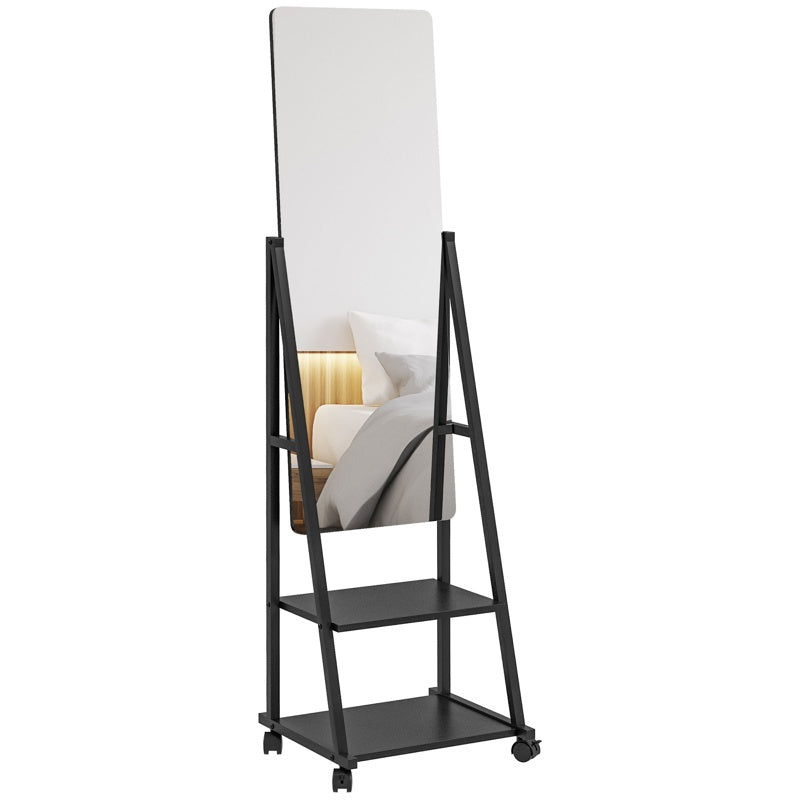 HOMCOM Free Standing Dressing Mirror, Rolling Full Length Mirror on Wheels with Adjustable Angle, Storage Shelves for Bedroom