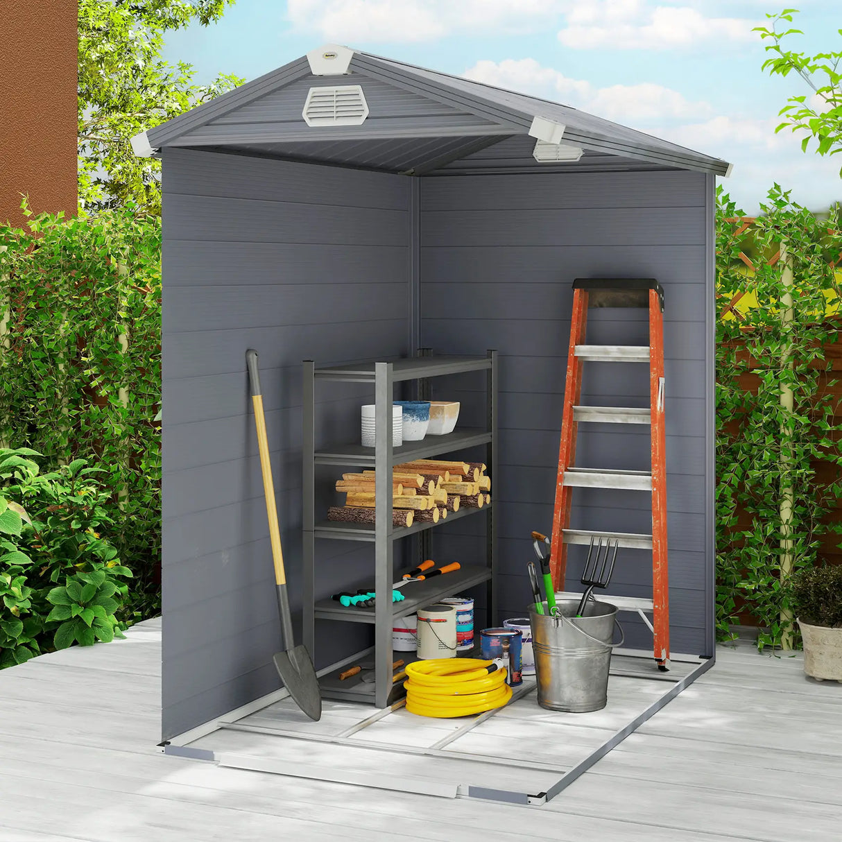 Outsunny 4.4ft x 6.2ft Aluminium Frame and Plastic Wall Shed, with Foundation - Grey