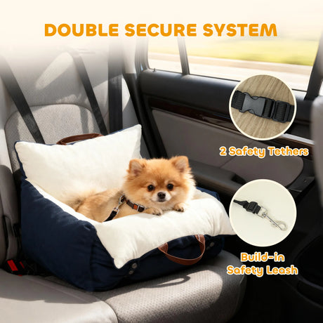 PawHut Dog Car Seat, Cosy Pet Car Booster Seat for Small Dog Under 5 KG, Portable Travel Bed with Safety Belts, Navy Blue