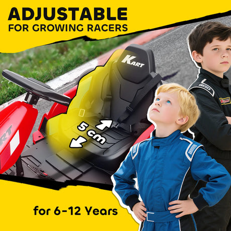 AIYAPLAY 24V Electric Go Kart, Drift Kart with Adjustable Seat, Slow Start, 5-Point Harness, Music, Horn, for 6-12 Years, Red
