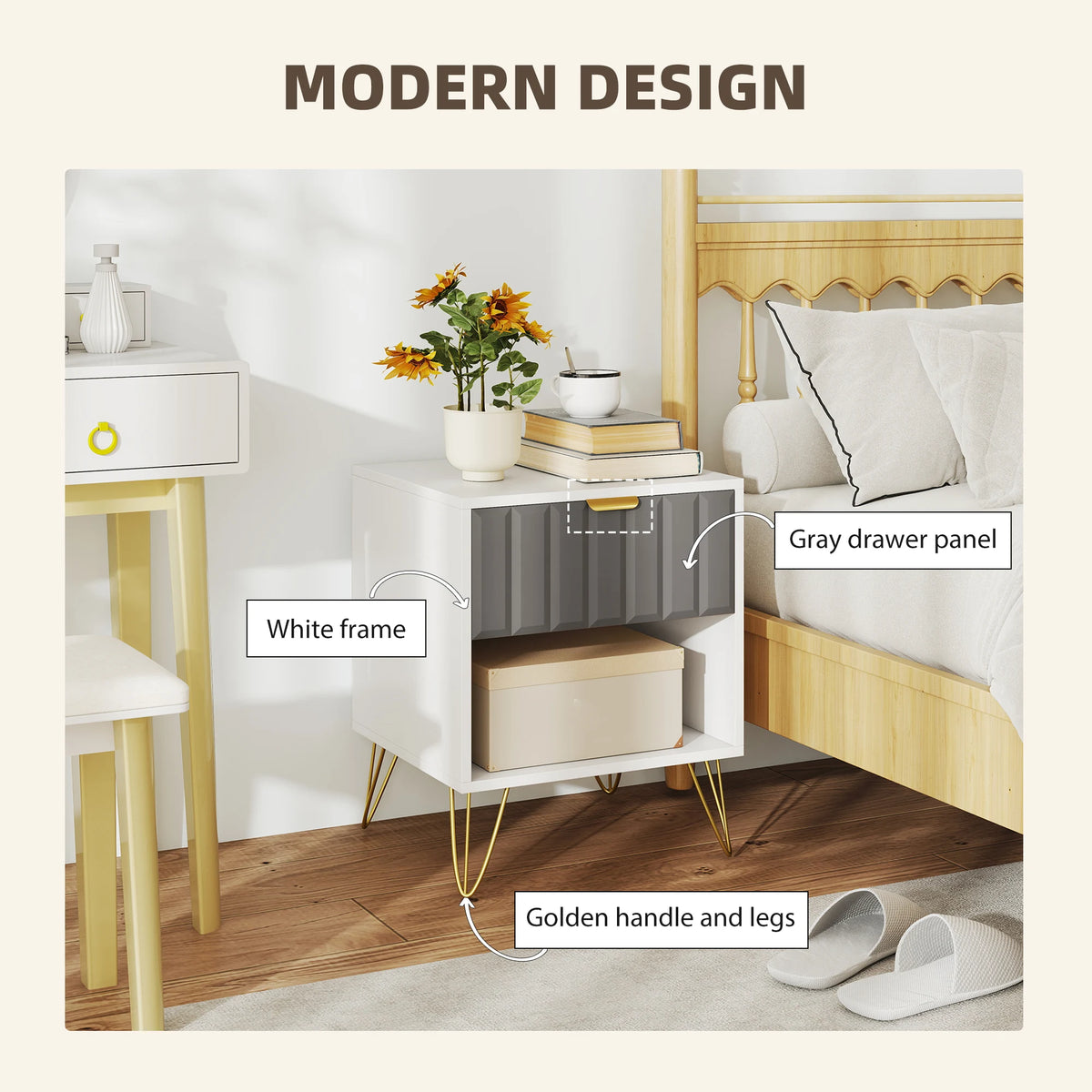 HOMCOM Bedside Table Modern Bedside Cabinet with Drawer and Open Compartment, 45 x 40 x 55, White