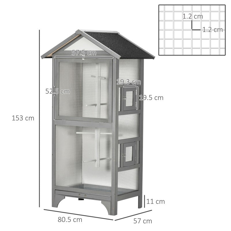 PawHut Wooden Outdoor Bird Cage, for Finches and Canaries, with Removable Tray, Asphalt Roof - Grey