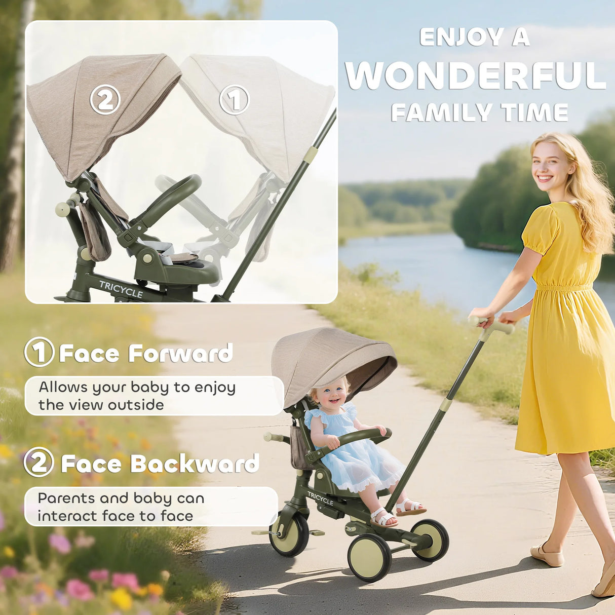 AIYAPLAY 5 in 1 Kids Trike with Adjustable Backrest, Toddler Tricycle with Push Handlebar, Adjustable Backrest, Dark Green