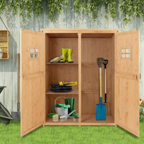 Outsunny Wooden Garden Shed with Two Windows, Tool Storage Cabinet, Outdoor Double Door Organizer 127.5L x 50W x 164H cm, Natural