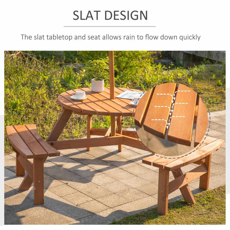 Outsunny 6 Seater Wooden Picnic Table and Bench Set Round Patio Dining Set with 3 Benches and Umbrella Hole Outdoor Garden Park, Brownish Red