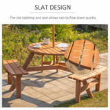Outsunny 6 Seater Wooden Picnic Table and Bench Set Round Patio Dining Set with 3 Benches and Umbrella Hole Outdoor Garden Park, Brownish Red