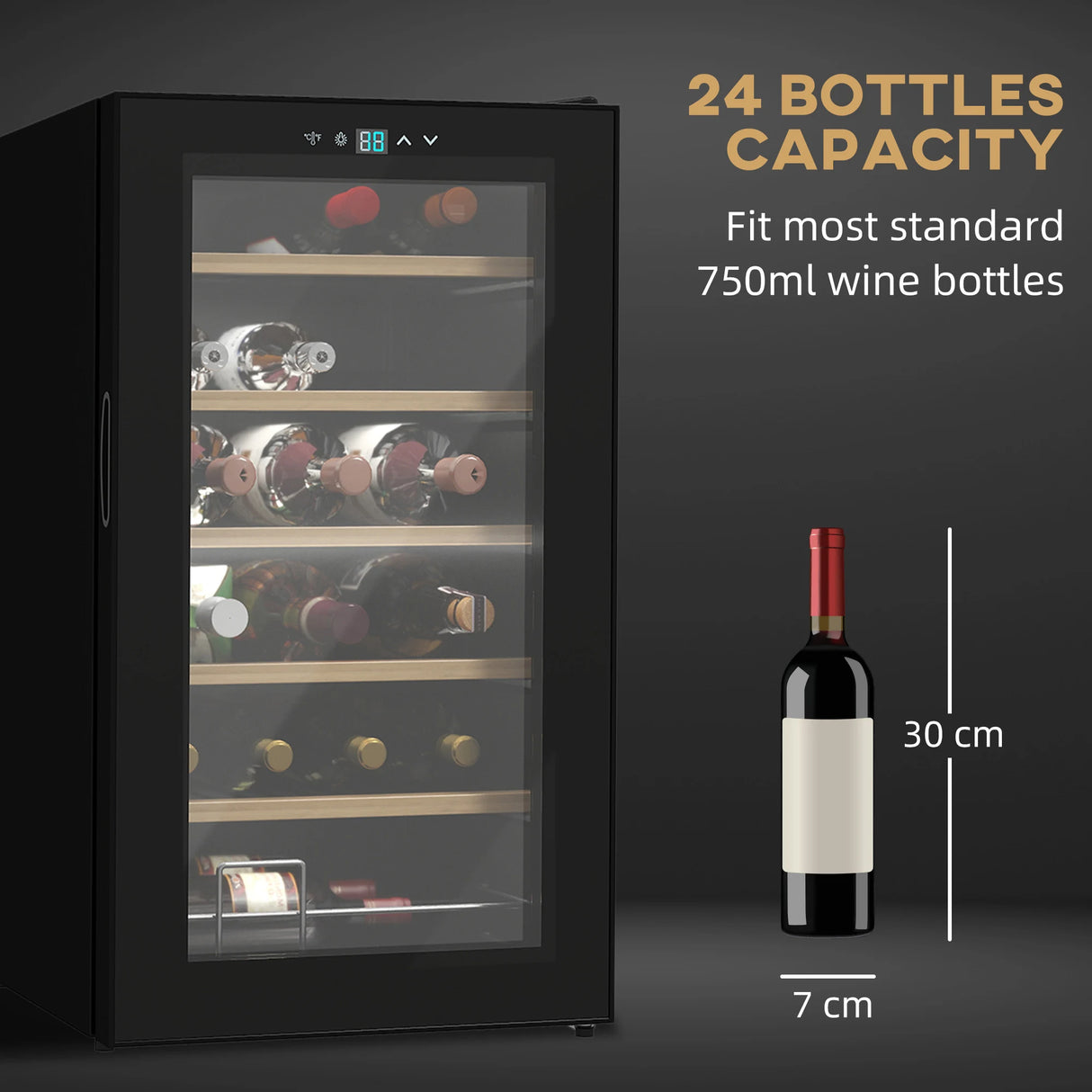 HOMCOM 24 Bottle Wine Fridge, 65 Litre Capacity, 43cm Freestanding Wine Cooler Fridge with Glass Door, LED Light, Digital Touch Screen, Temperature Control, Black