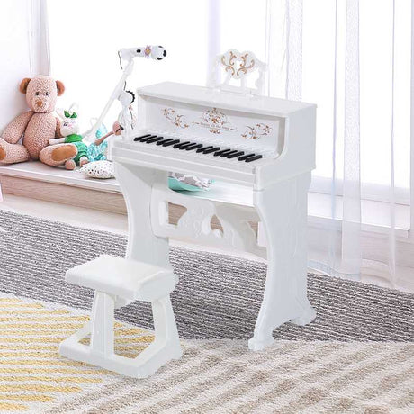 HOMCOM 37 Keys Kids Piano Mini Electronic Keyboard Light Kids Musical Instrument Educational Game Children Grand Piano Toy Set w/Stool & Microphone & Music Stand (White)