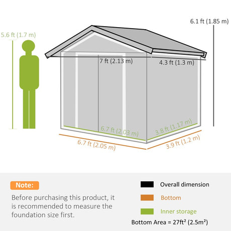 Outsunny 7 x 4ft Metal Garden Shed, Outdoor Storage Tool House with Ventilation Slots, Foundation Kit and Lockable Double Doors, Light Green