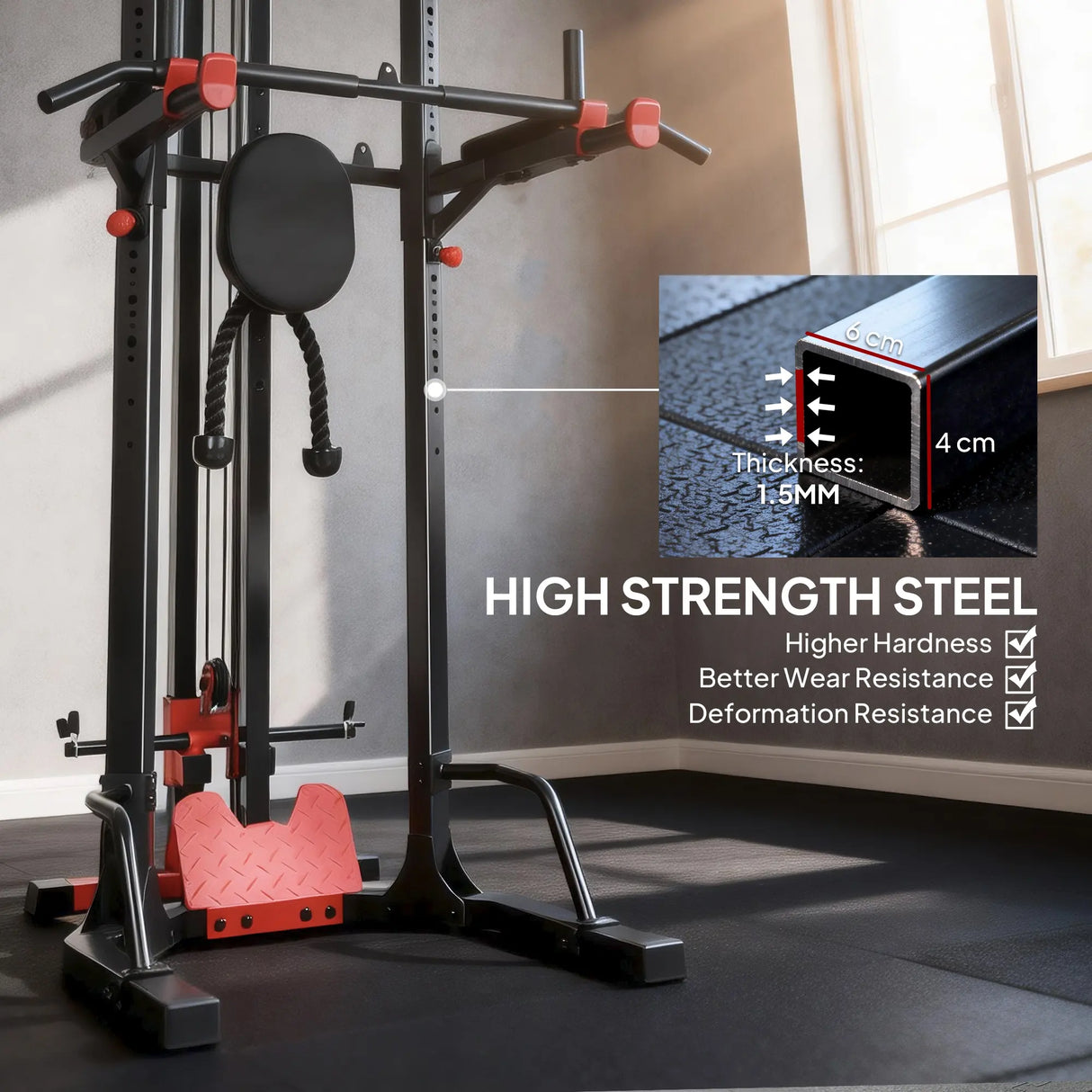 SPORTNOW Power Tower with Lat Pull Down Machine, Pull Up Bar, Dip Station, Adjustable Height Power Pack for Home Gym