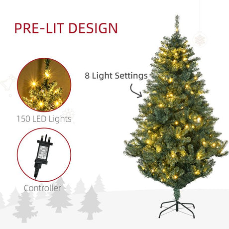 HOMCOM 6' Artificial Prelit Christmas Trees Holiday Décor with Warm White LED Lights, Decoration, Banner, Tag, Ball