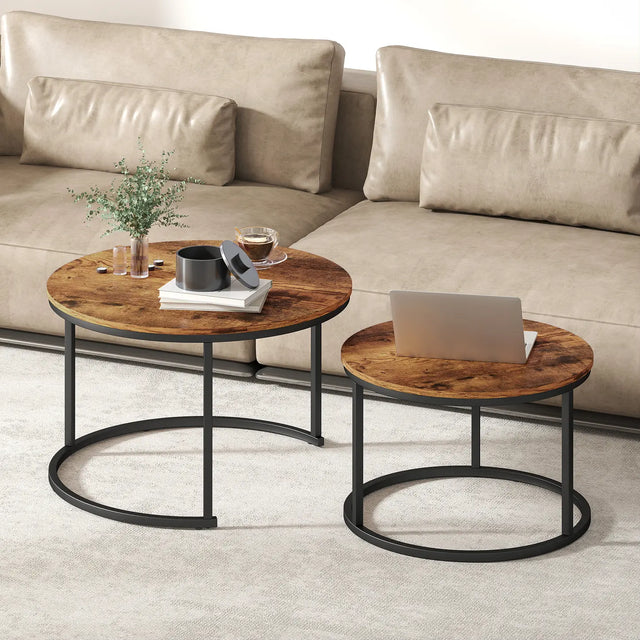 HOMCOM Coffee Table Set of 2, Round Nest of Tables with Metal Frame, Modern Side Tables for Living Room, Rustic Brown