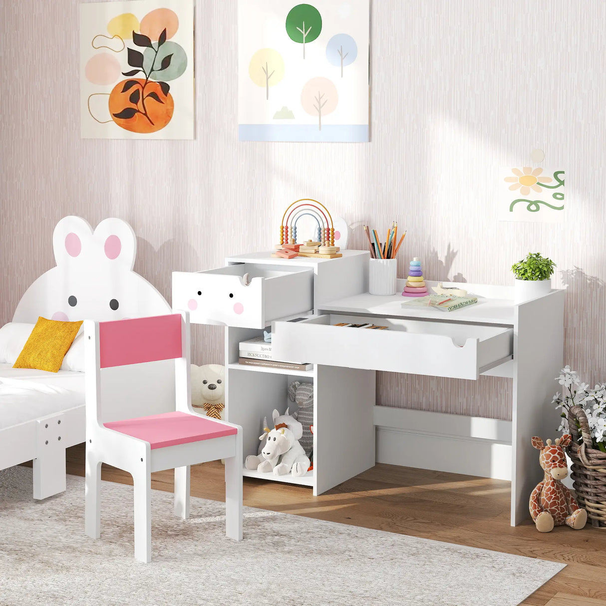 AIYAPLAY Rabbit-Themed Kids Desk and Chair Set with Bookcase, Drawers, Shelves, for Ages 3-6 Years, Whtie/Pink