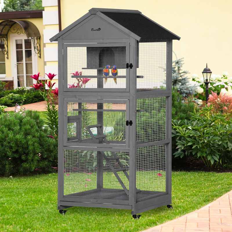 PawHut Bird Cage budgie cage Wooden Outdoor Aviary with Wheels  for Canary Finch with Asphalt Roof Perch Nest Ladder Slide-out Tray, Grey