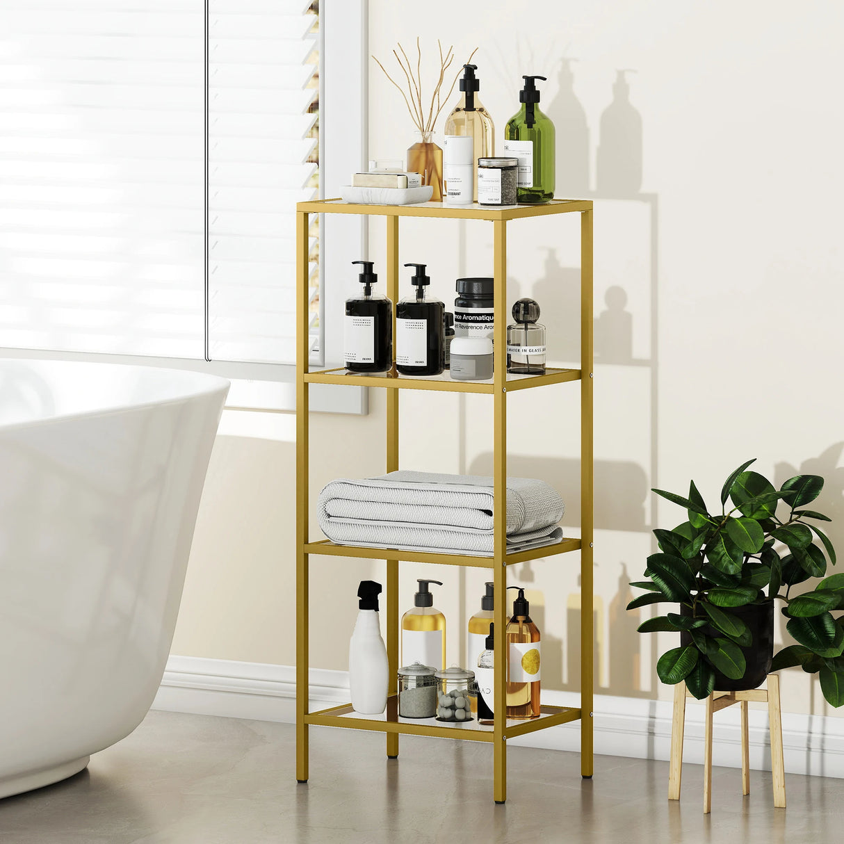 HOMCOM 4-Tier Shelving Unit, Glass Shelf, Vertical Storage Shelf for Living Room, Home Office, Bedroom, Bathroom, Gold Tone