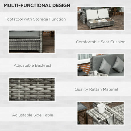 Outsunny Rattan Garden Daybed, Assembled Double Sun Lounger with 5-Level Adjustable Back, Storage Ottoman, Cushions, Pillows and Retractable Trays, Outdoor Loveseat Sofa Bed for Patio, Mixed Grey