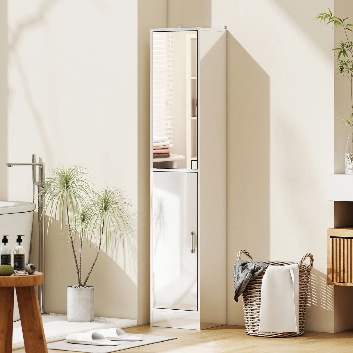 kleankin Tall Bathroom Cabinet with Mirror and Adjustable Shelf - High Gloss White