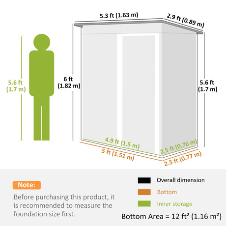 Outsunny 5x3 Storage Shed with Sliding Door and Sloped Roof for Garden, Light Grey